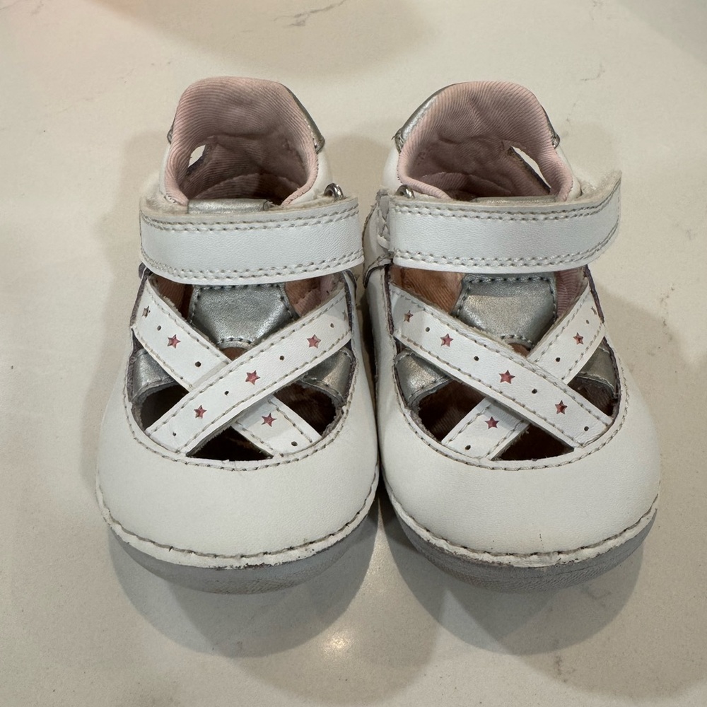 Stride Rite White and Silver Baby Walker Shoes with Cross-Strap Design
